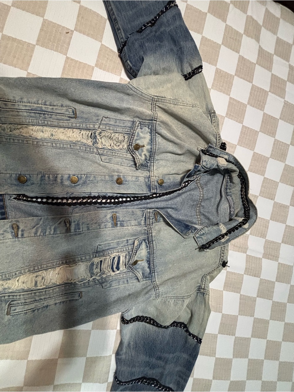 Distressed Light Wash Denim Jacket with Chain Trim